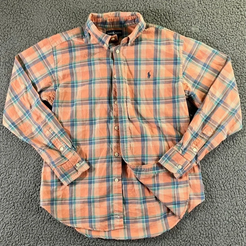 Ralph Lauren Kids Large 14-16 Plaid Button‎ Down Shirt Orange Blue Cotton Pony